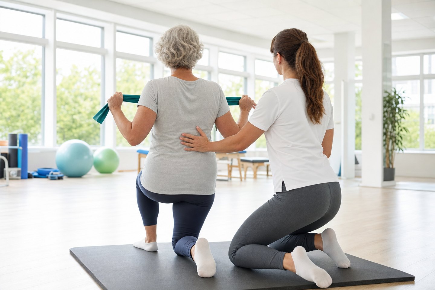A physiotherapist guiding a patient through rehabilitation in a bright clinic